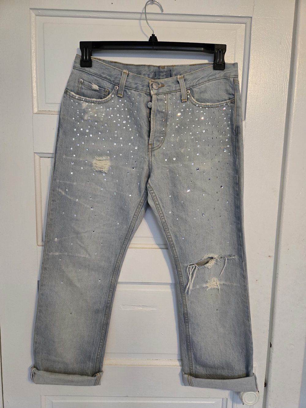 Pinko Light Blue Distressed Ankle Mid-rise Jeans Rhinestones Festival Bling
